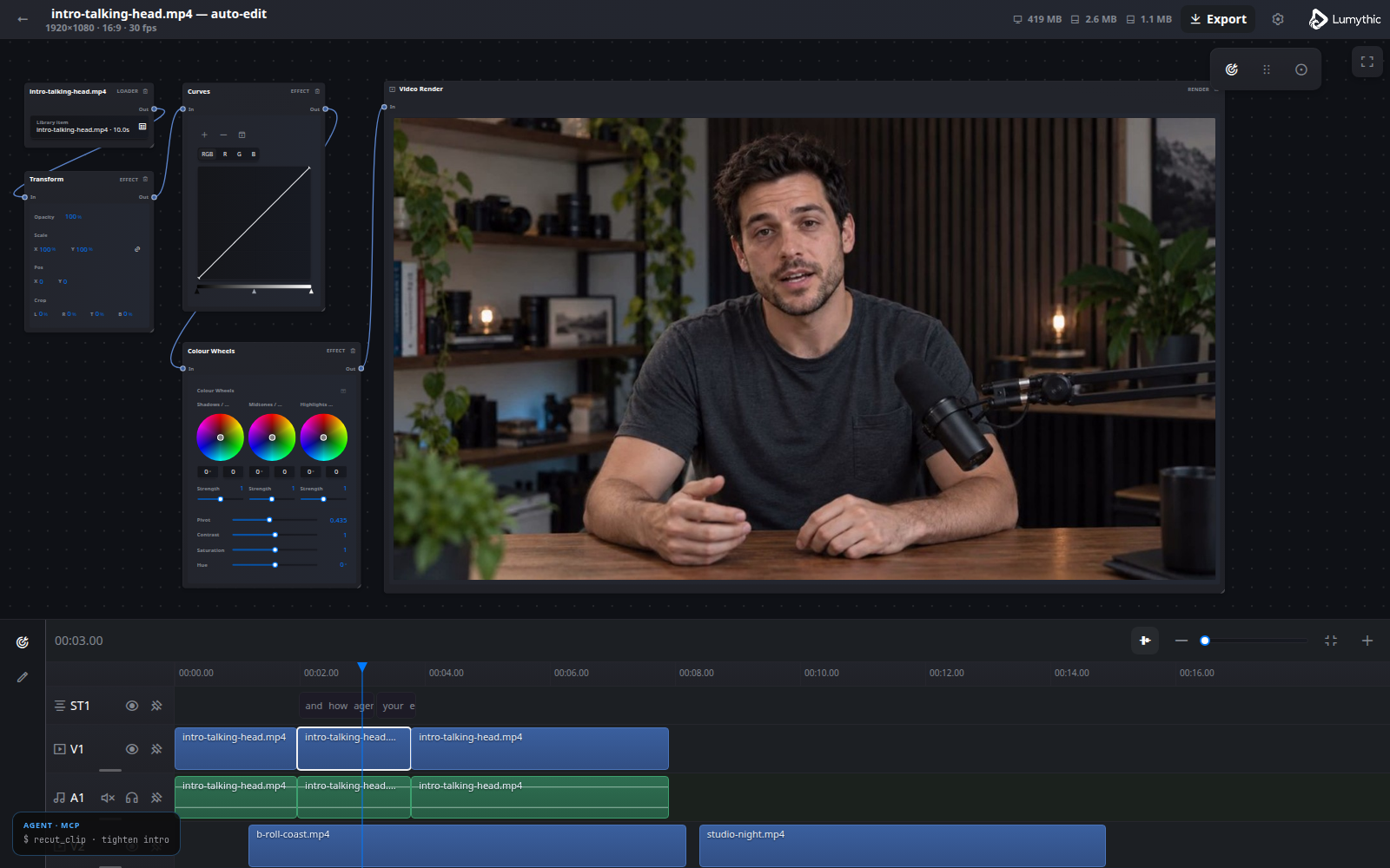 Lumythic editor: node graph, colour grade, Video Render preview, and timeline